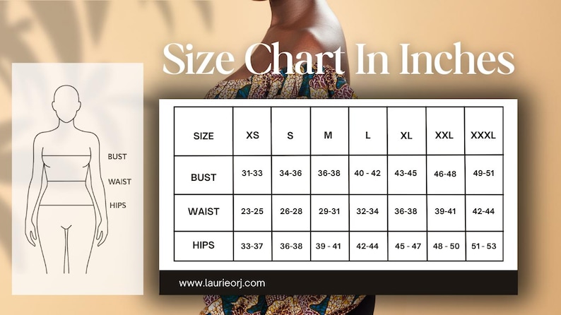 Puede incluir: Tabla de tallas en pulgadas para ropa, que muestra las medidas de busto, cintura y cadera en pulgadas para las tallas XS a XXXL.