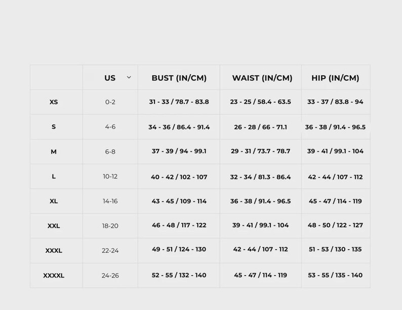 K&ouml;nnte beinhalten: Gr&ouml;&szlig;entabelle mit US-Gr&ouml;&szlig;en, Brust-, Taillen- und H&uuml;ftma&szlig;en in Zoll und Zentimetern. Die Gr&ouml;&szlig;en reichen von XS bis XXXXL.