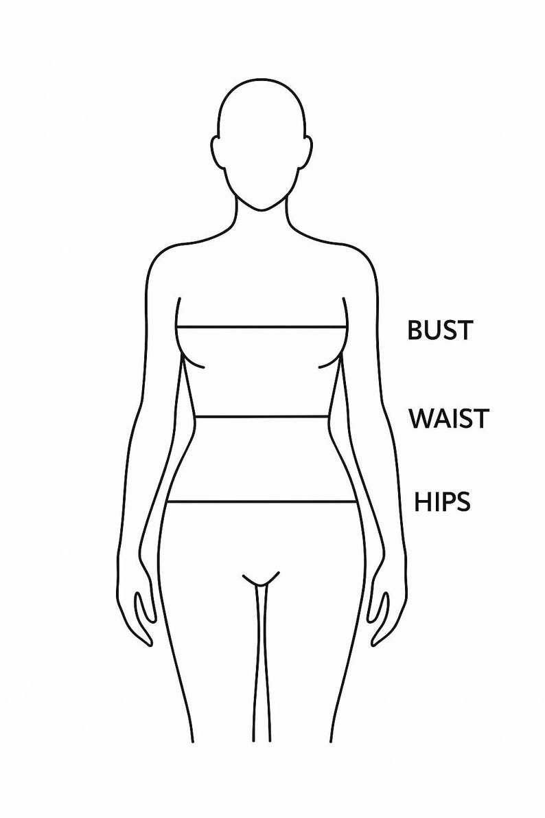 K&ouml;nnte beinhalten: Linienzeichnung eines menschlichen K&ouml;rpers mit Linien, die die Ma&szlig;e von Brust, Taille und H&uuml;fte angeben.
