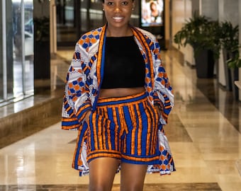 Frauen Afrikanisches Kimono-Set, Ankara Kimono & kurze Kombination, Frauen Ankara zweiteiliges Set, afrikanische Jacke und kurze Hose, afrikanisches Staubtuch-Set