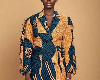 Vestido blazer cruzado Yewa Ankara, vestido blazer Ankara de doble botón, vestidos blazer Ankara para mujer, vestido blazer africano de estilo moderno