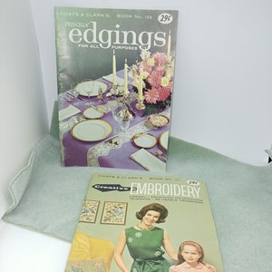 May include: Two vintage embroidery books with a green background. The first book is titled "Priscilla Edgings for All Purposes" and the second book is titled "Creative Embroidery". Both books are priced at 29 cents.