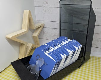 Rolodex card file 8" D with alphabet dividers, lined & blank rolodex cards unused Plastic box is scuffed- for paper crafts 4 x 2 1/4" cards