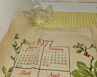 Linen Calendar Tea Towel 1977 wall hanging vintage kitchen decor Flowers and birds small blemishes, see description and photos
