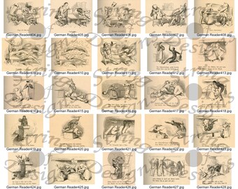Lector alemán Imprimibles - Sepia y Negro - Humor infantil - 1800's - Animales/Personas/Texto - Set 5 de 12