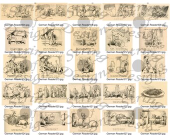 Kinder Humor - Sepia und Schwarz - Kinder Humor - 1800er Jahre - Tiere/Menschen/Text - Set 6 von 12