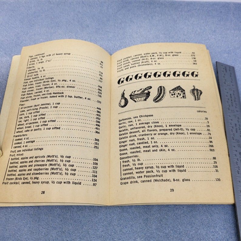 May include: Open vintage cookbook pages with food listings and calorie counts. The left page lists ingredients like fish, flour, and fruit. The right page features a graphic of the letter "G" and food illustrations, including a pear and a slice of cheese.