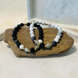 Yin-Yang  Elastic Beaded Bracelet | Set of 2 Handmade Unisex Bracelets | Minimalist Gift