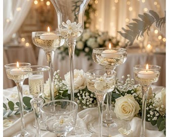 Set med ljusstakar i klart glas: Elegant bröllopsbordsdekoration, 8 delar. Juldekoration