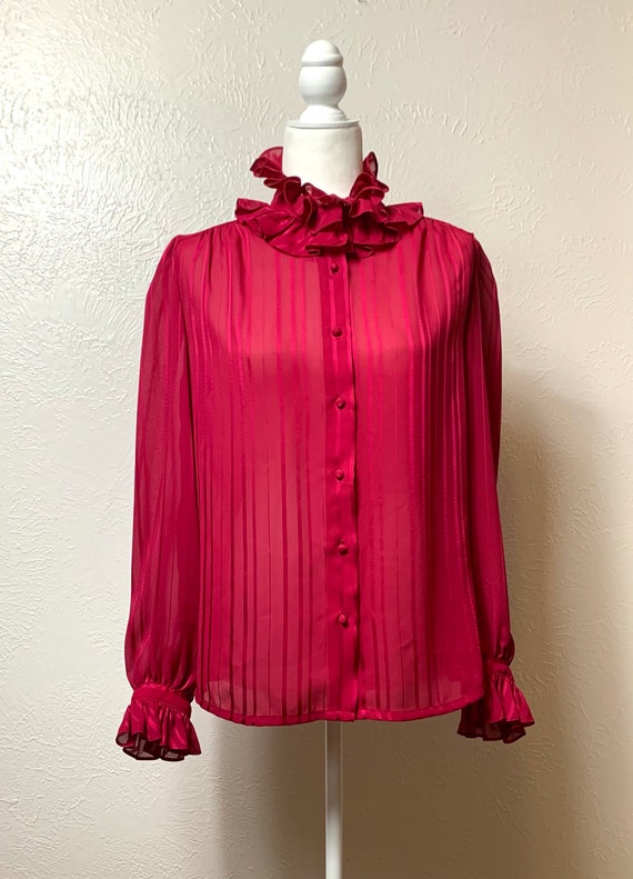 Vintage hot pink ruffle blouse. Fuchsia long sleev