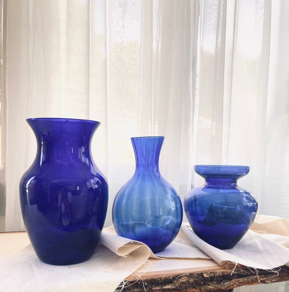 Cobalt Blue Flower Vases. Vintage Blue Glass. Mid Century Etsy