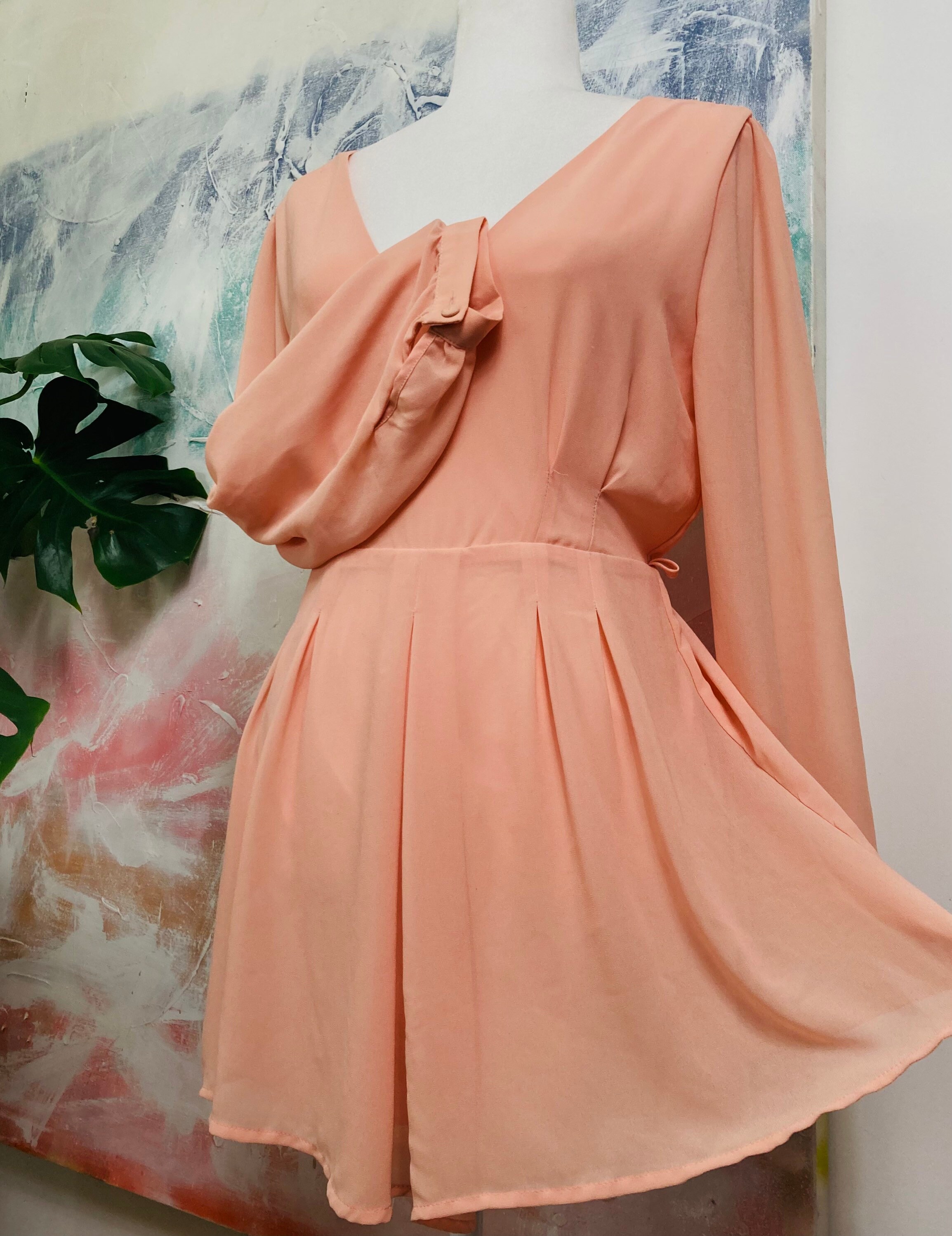 Salmon Pink Long Sleeve Romper. Deep V 