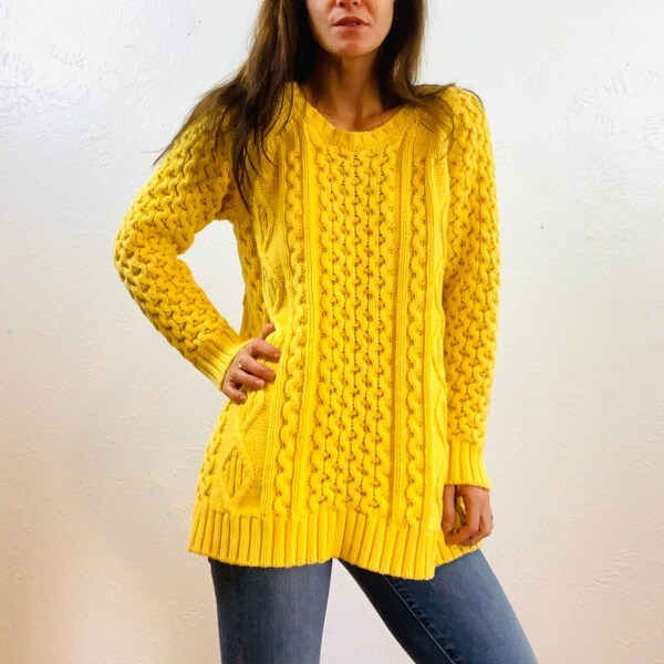 Yellow cable knit sweater. Oversized long wool pullover. Soft surrenders oversized.
