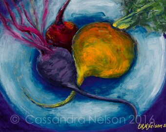 Sexy Beets, oil painting, food art, blue, red, yellow, neurodiversity, well-being, autistic, positive art