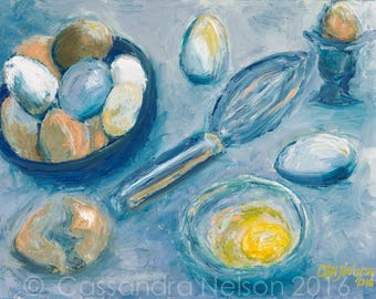 Pasture Chick Eggs, Print, food art, blue, yellow, white, neurodiversity, autistic, still life, positive art