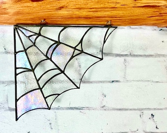 Stained glass spider web, Spider Web, stained glass, stained glass corner, Glass art, home decor, Halloween Decor, glass web, suncatcher