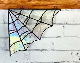 Stained glass spider web, Spider Web, stained glass, stained glass corner piece, Glass art, home decor, Gothic, Goth Decor, Halloween,