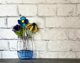 Stained Glass Flower Jar Suncatcher, Handmade Wall Hanging