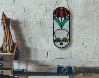 Skull Flower Stained Glass Panel: Bohemian Window Suncatcher