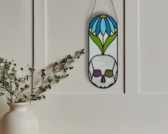 Skull Flower Stained Glass Panel: Handmade Bohemian Window Hanging