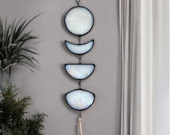 Stained Glass Moon Phase Wall Hanging, Iridescent Lunar Decor