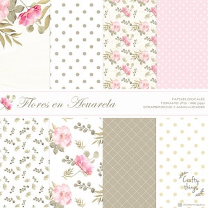 FLORES EM AQUARELA, papéis digitais para scrapbooking, papéis digitais, kit para impressão, kit para scrapbooking digital, papel flor