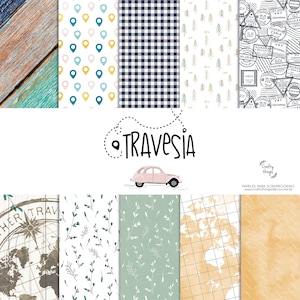 TRAVESIA Papers and Die Cuts, digital scrapbooking papers, printable digital kit, travel