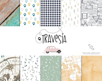 Peut inclure: Un ensemble de papiers numériques pour scrapbooking avec différents motifs, dont une carte, une boussole, une voiture, des arbres et un motif à carreaux. Les papiers sont conçus pour des projets de scrapbooking et d'artisanat. Le texte "TRAVESIA" est présenté au centre de l'image.