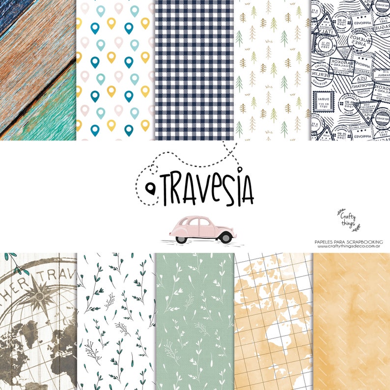Puede incluir: Un conjunto de papeles digitales para scrapbooking con varios patrones, incluyendo un mapa, una br&uacute;jula, un coche, &aacute;rboles y un patr&oacute;n a cuadros. Los papeles est&aacute;n dise&ntilde;ados para proyectos de scrapbooking y manualidades. El texto "TRAVESIA" aparece en el centro de la imagen.