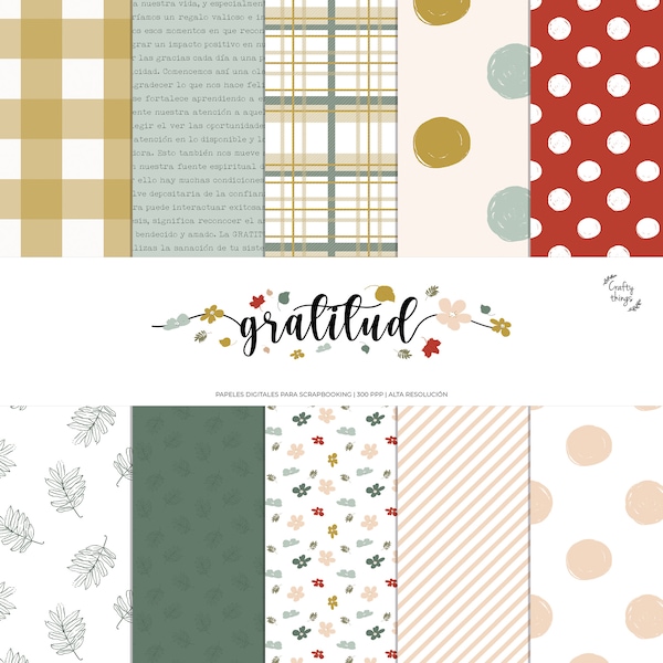 Kit GRATITUD, Colección Digital, Papel digital scrapbooking, kit imprimible, kit digital scrapbooking thanksgiving, acción de gracias