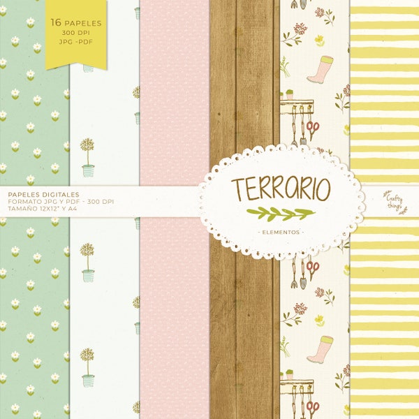 Kit TERRARIO, Colección Digital, Papel digital scrapbooking, kit imprimible, kit digital scrapbooking jardinería, invernadero, primavera