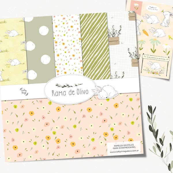 RAMA de OLIVO Papeles y Die Cuts, papeles digitales scrapbooking, kit digital imprimible, pascua, primavera, spring, flores