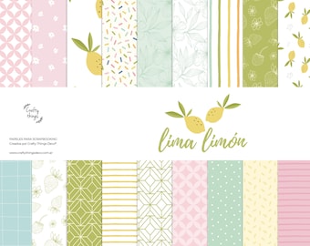 May include: A set of 12 digital papers featuring various patterns, including lemons, flowers, stripes, and geometric designs. The papers are in a light and airy color palette, with shades of pink, green, yellow, and white. The text "Lima Limón" is featured in the center of the image.