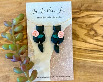 Cat earrings, black cat earrings, cat dangle earrings, polymer clay earrings, hypoallergenic earrings, light earrings, cat gifts