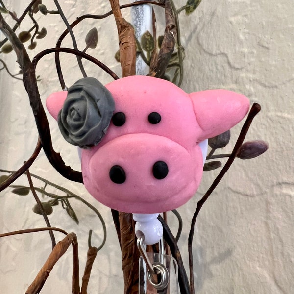 Pig badge holder, pig badge reel, animal badge reel, pig, pig with flower, pink and grey, polymer clay, nurse gift, medical gift, badge clip