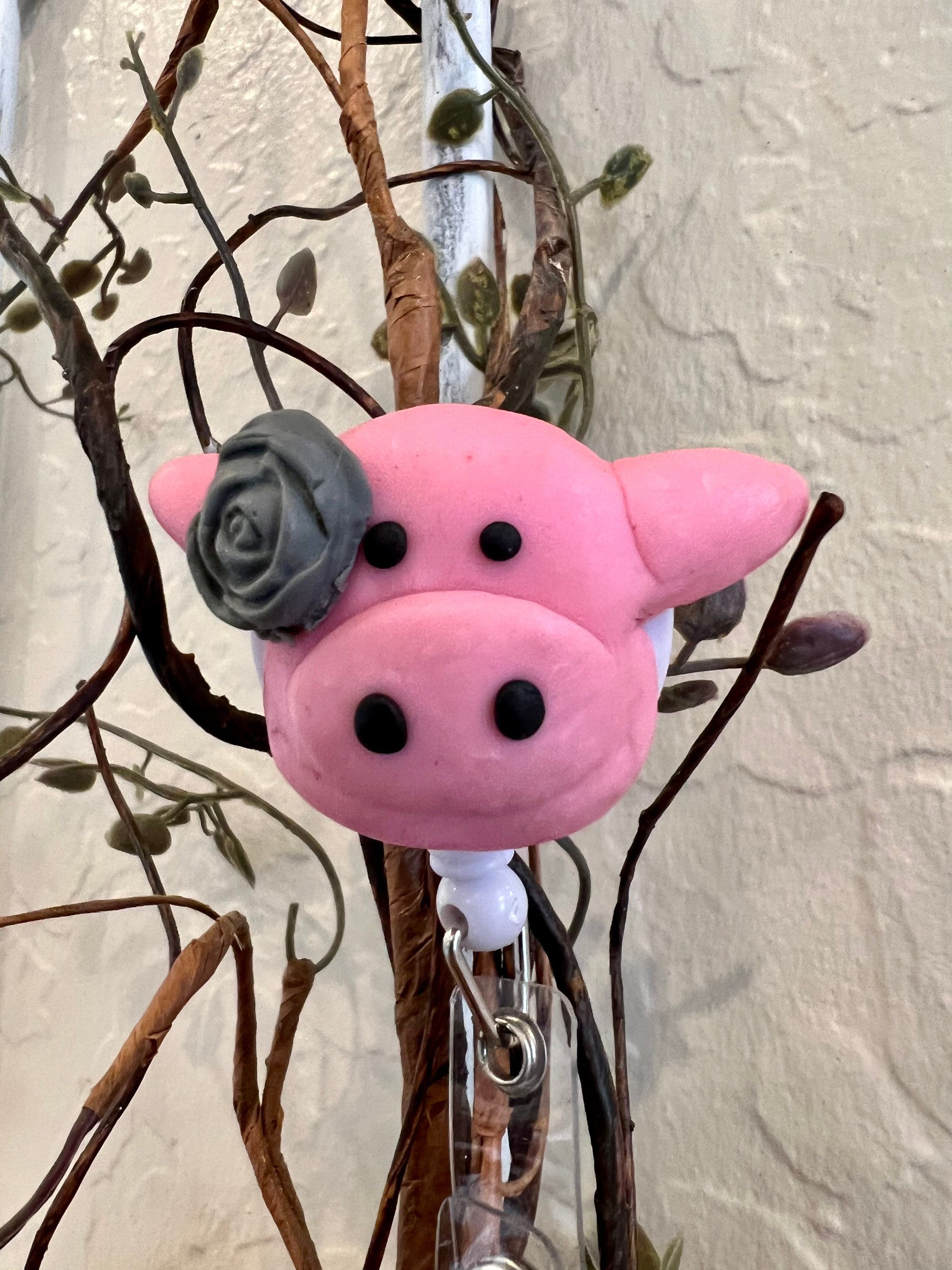 Pig Badge Holder, Pig Badge Reel, Animal Badge Reel, Pig, Pig with Flower, Pink and Grey, Polymer Clay, Nurse Gift, Medical Gift, Badge Clip
