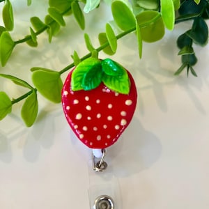 Handmade Strawberry Badge Reel – Polymer Clay Retractable ID Holder