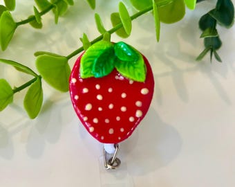 Handmade Strawberry Badge Reel – Polymer Clay Retractable ID Holder