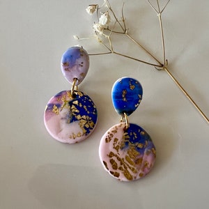 Blue and pink clay earrings, statement earrings, polymer clay, handmade jewelry, floral earrings, hypoallergenic, polymer clay