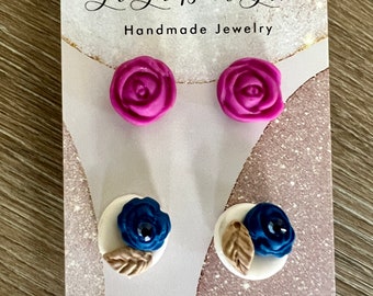 Purple floral earrings, blue floral earrings, clay earrings, polymer clay earrings, hypoallergenic earrings, studs, clay studs spring
