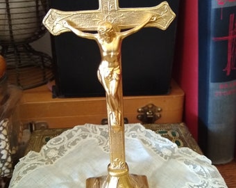 Antique Art Nouveau standing cross, antique crucifix, brass cross, Reliquary, alter piece, Catholic