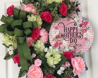 Mother’s Day wreath, Welcome wreath, farmhouse wreath, spring wreath, summer wreath, hydrangeas, roses, front door wreath, grapevine wreath