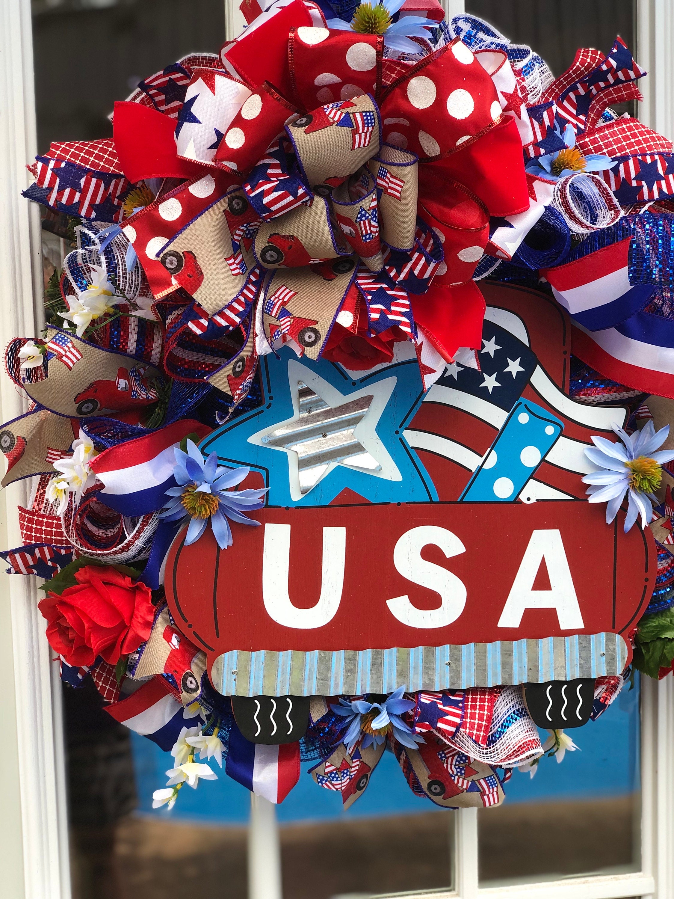 Patriotic Wreath, Red White and Blue Wreath, Front Door Wreath Fourth ...
