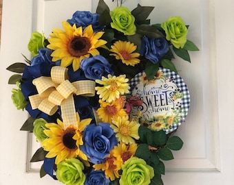 Home Sweet Home, Welcome wreath, farmhouse wreath, spring wreath, summer wreath, front door wreath, sunflower wreath,