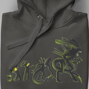 Alien Evolution Unisex Hoodie | Xenomorph Life Cycle Sweatshirt | Sci-Fi Horror Movie Gift | Facehugger Chestburster Queen