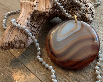 Onyx Coffee Agate Pendant Crystal Bead Necklace Earth-tones Gold/Briwn/Gray