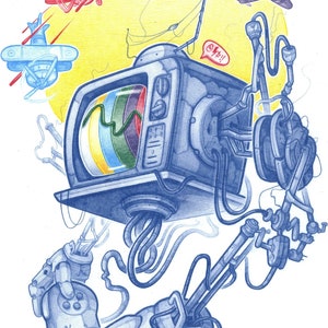 May include: A blue and white illustration of a retro television with a robotic arm holding a video game controller. The television screen shows a colorful signal. The robot arm is connected to the television by wires. The illustration is set against a yellow background with blue airplanes flying around the television.