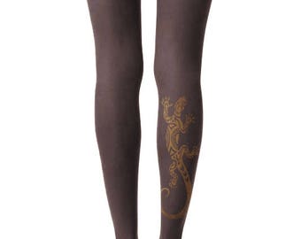 Gold Lizard Tights, Tattoo Tights, Dark Brown Transparent Tights, Pattern Tights, Print Tights, Reptile Print Tights, Lizard, Custom Tights