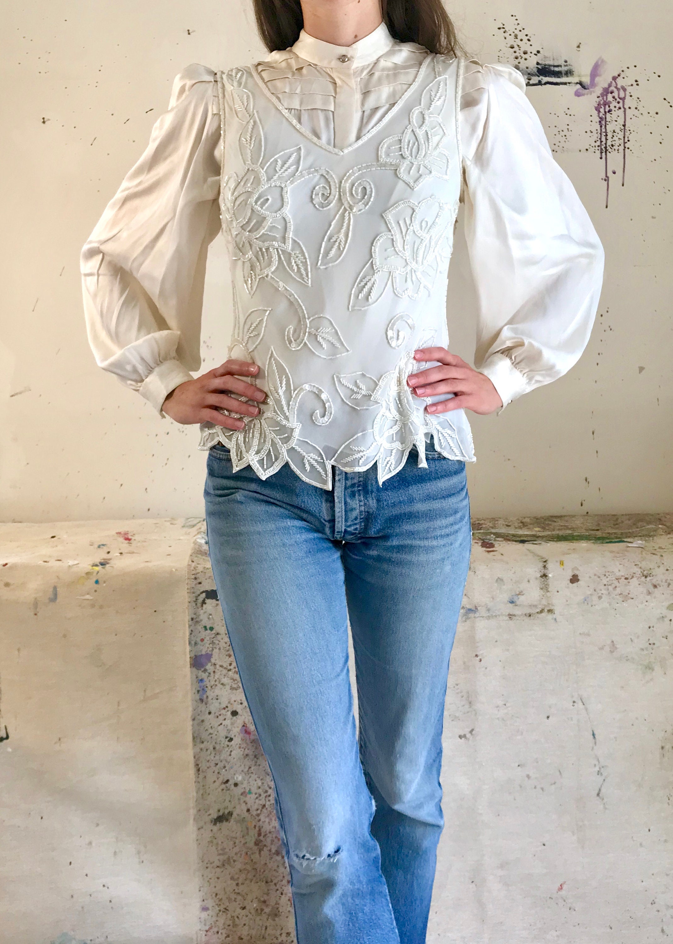 Cream Silk Embellished Vest Top Beads and Sequins Size S/M Etsy