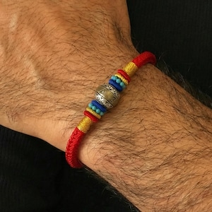 Men's Buddhist Red String Bracelet with 925 Silver Six Word Mantra Charm, Turquoise Beaded Protection Jewelry, Zen Mindfulness Gift for Him